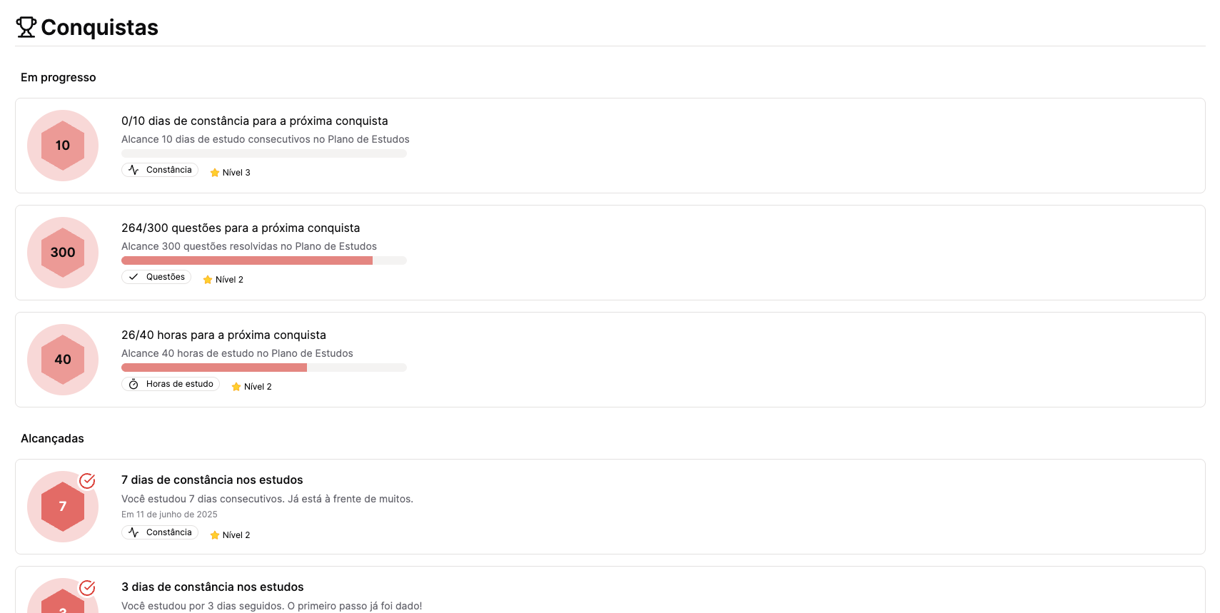 Captura de tela das conquistas do Rotinize